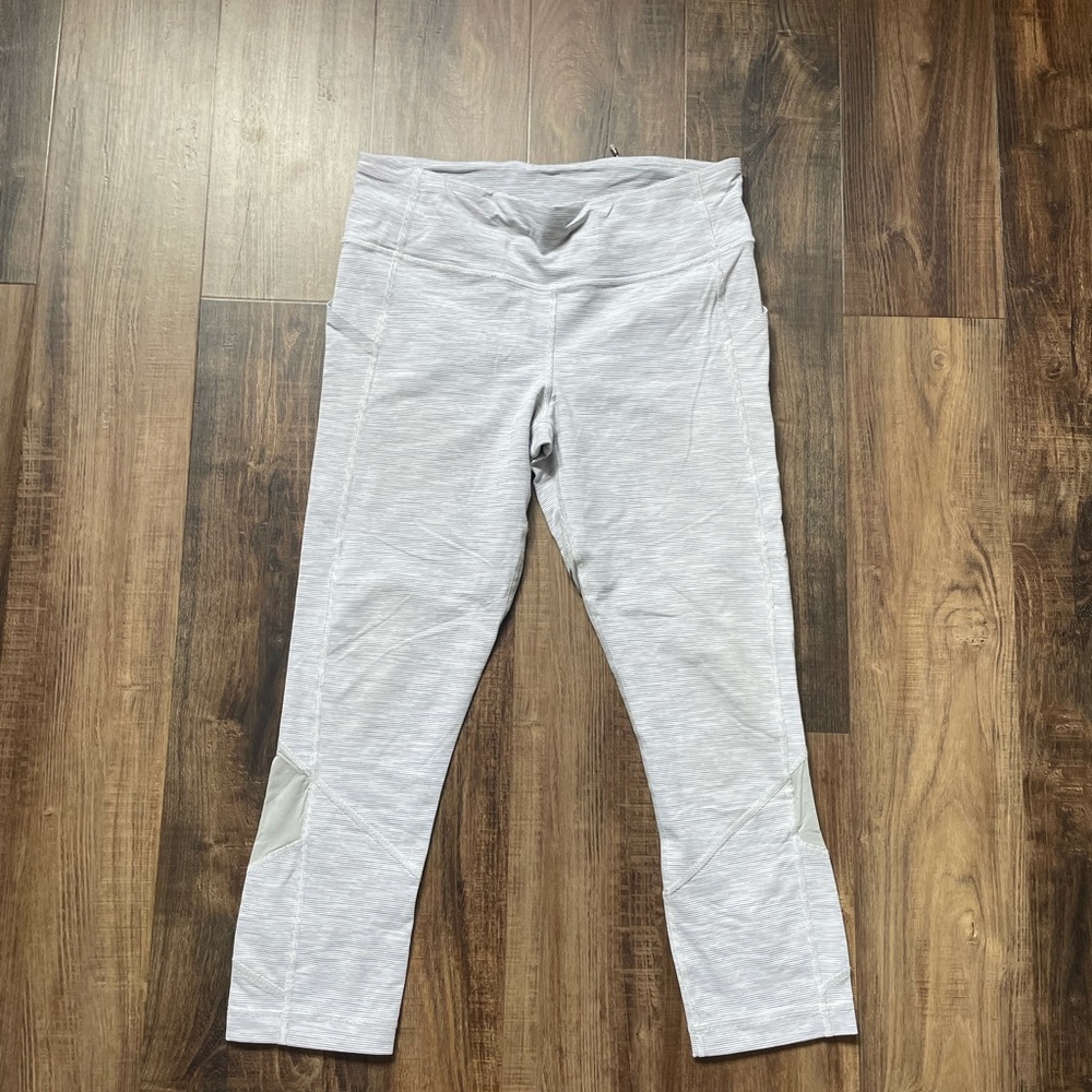 Lululemon Grey + White Stripped Crop Leggings